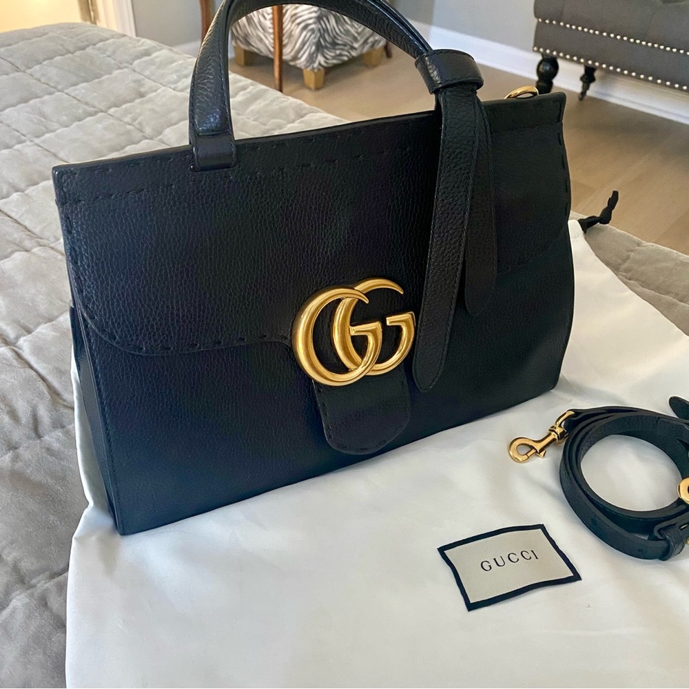 GUCCI GG MARMONT LEATHER TOP HANDLE BAG 421890 BLACK - Picture 2 of 15